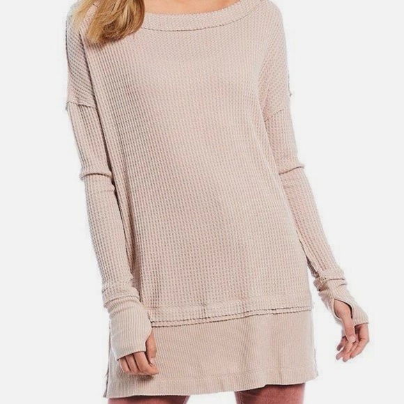 We The Free Tops - Free People North Shore Thermal Tunic Top Beige Oversized Thumb Holes Small
